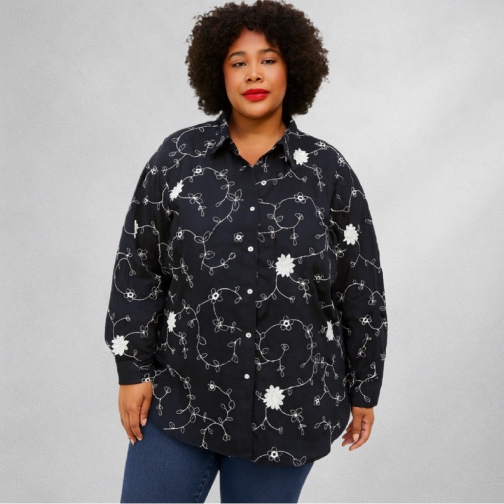 Panhandle B&D Women’s Blouse XXL Western Black White Floral Embroidery Snap - Picture 10 of 14